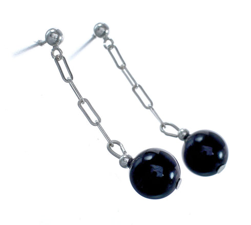 Native American Onyx Sterling Silver Bead Post Dangle Earrings AX124739